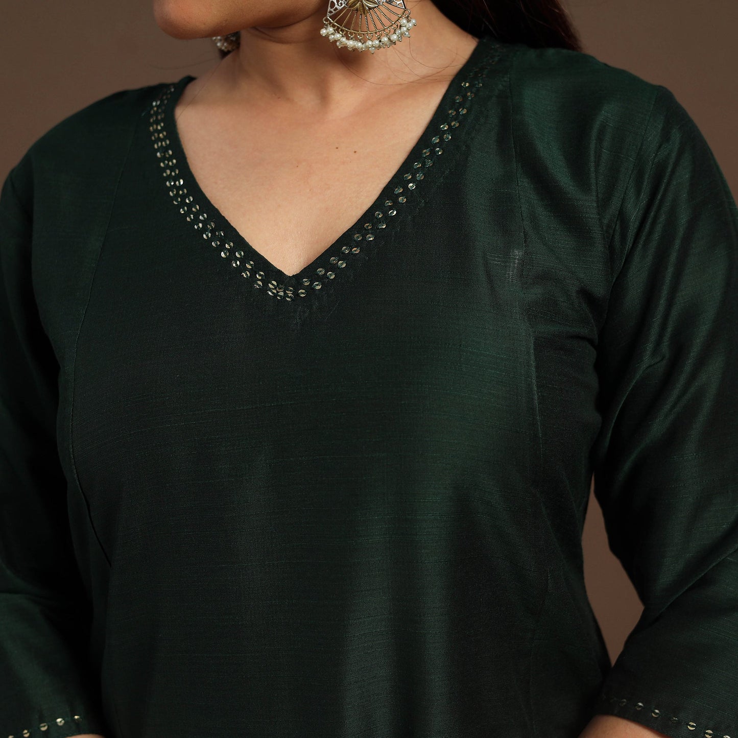 Green Slub Silk A-Line Plain Kurta with Hand Embroidery