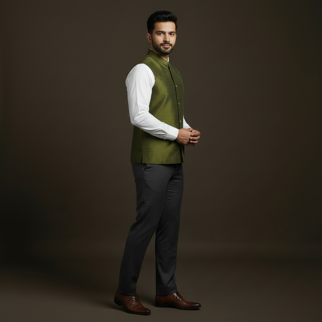 Slub silk men plain nehru jacket 02 - handcrafted