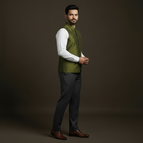 Slub silk men plain nehru jacket 02 - handcrafted