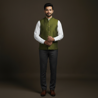 Slub silk men plain nehru jacket 02 - handcrafted