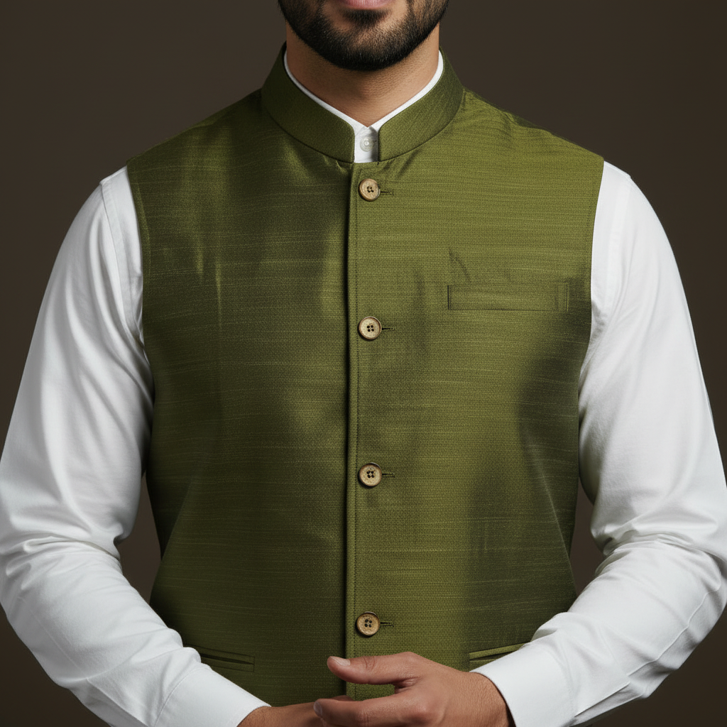 Slub silk men plain nehru jacket 02 - handcrafted