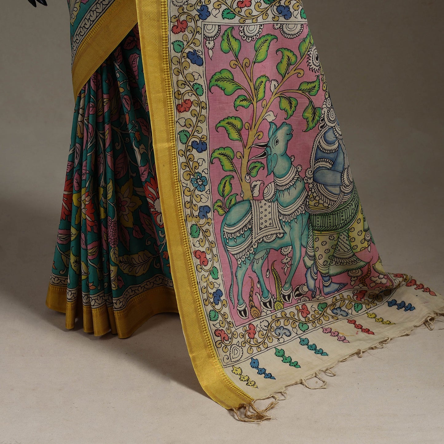 Srikalahasti handpainted natural dyed bangalore silk zari