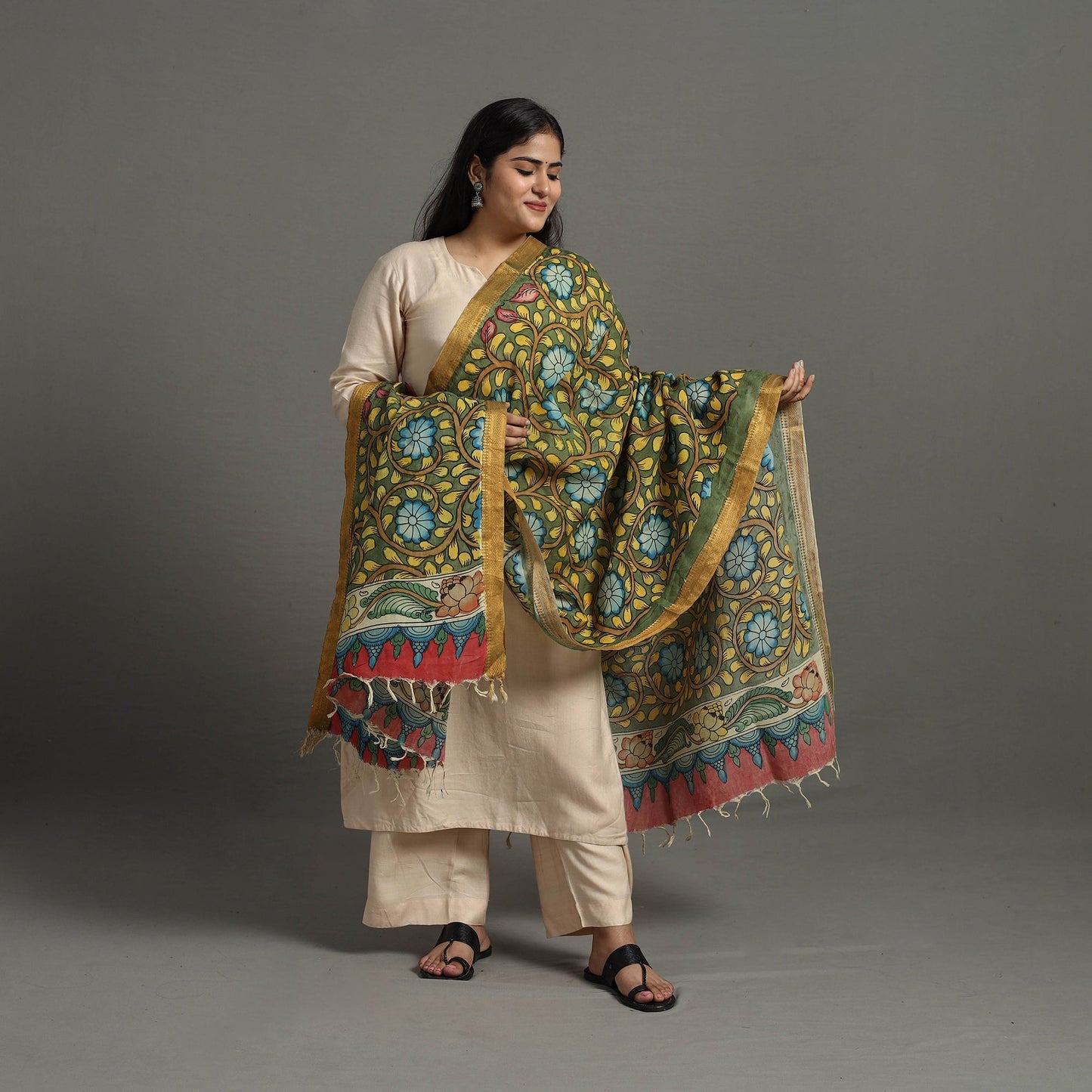 Green - chanderi silk srikalahasti handpainted pen