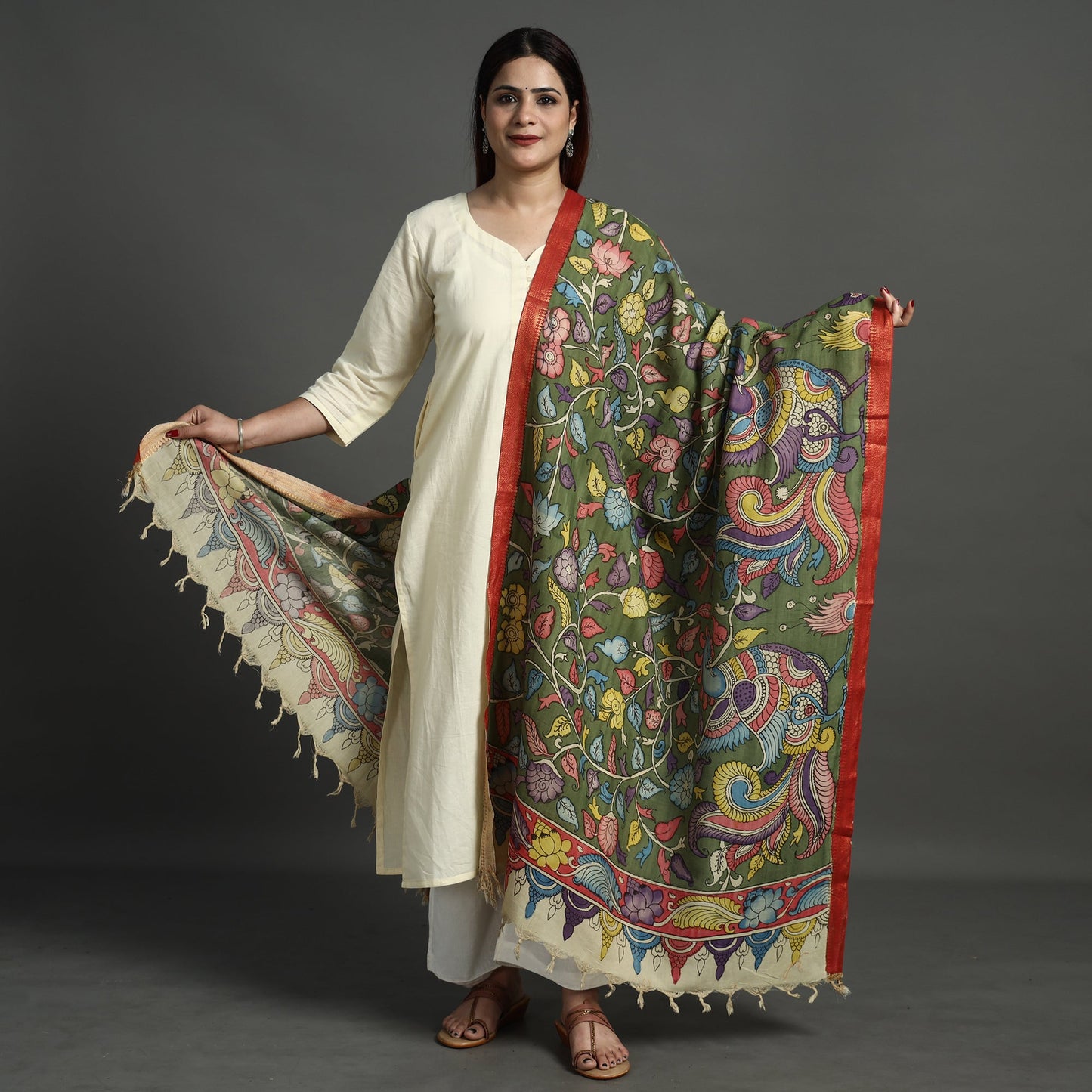 Green - srikalahasti pen kalamkari chanderi silk