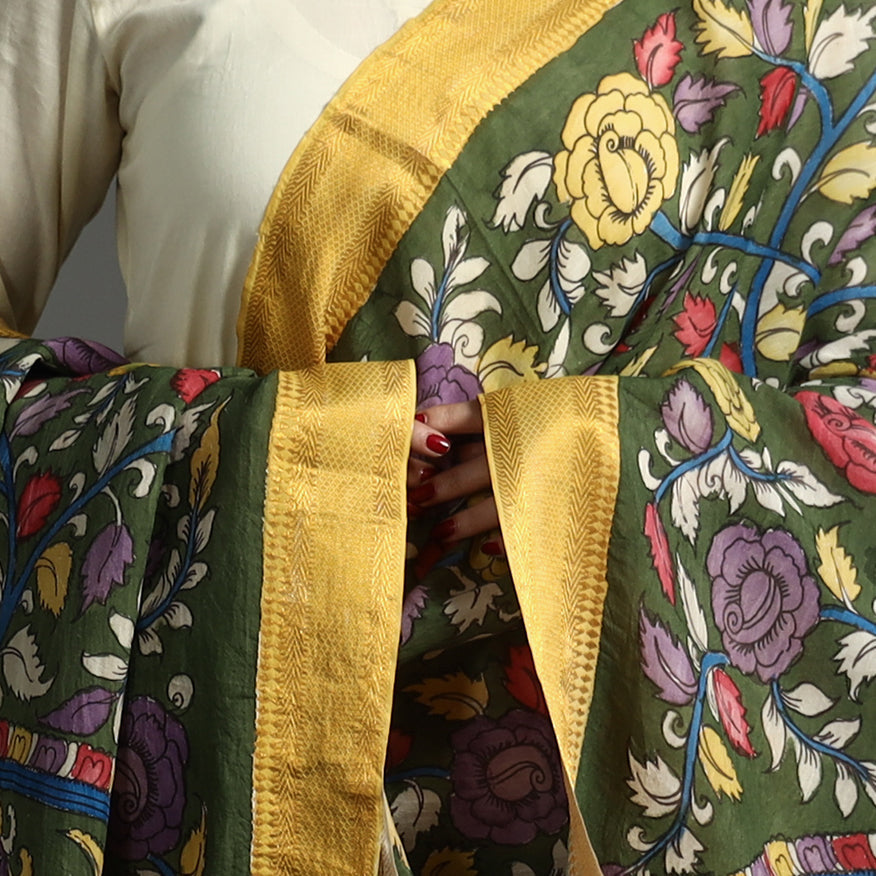 Buy Srikalahasti Pen Work Kalamkari Chanderi Silk Handpainted Zari Border Dupatta with Tassels 61 Online l iTokri.com