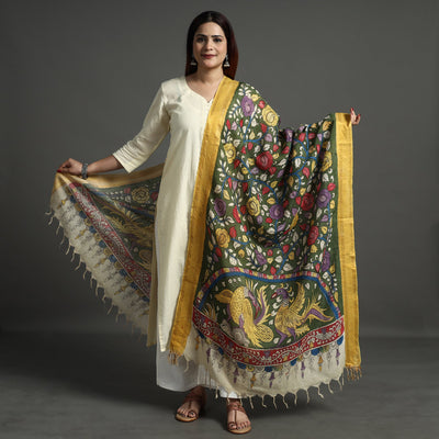 Buy Srikalahasti Pen Work Kalamkari Chanderi Silk Handpainted Zari Border Dupatta with Tassels 61 Online l iTokri.com