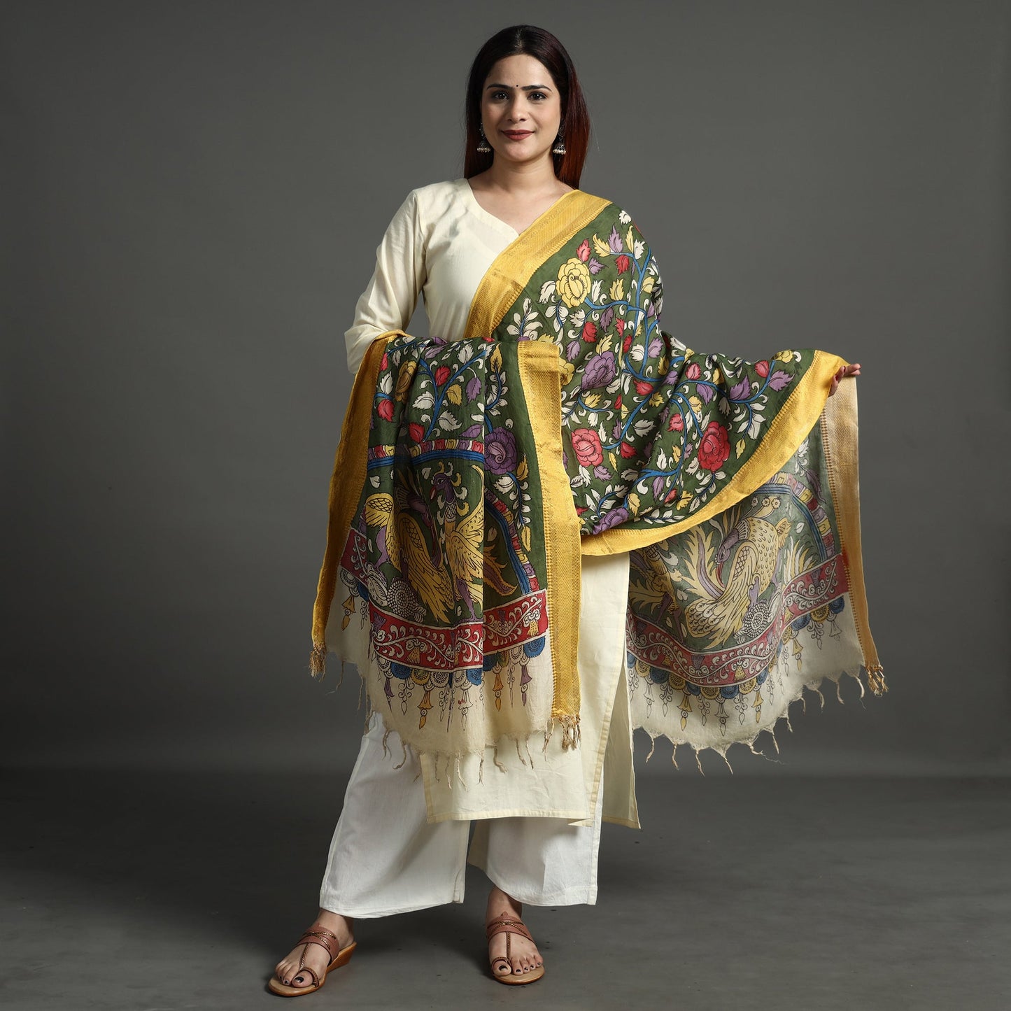 Buy Srikalahasti Pen Work Kalamkari Chanderi Silk Handpainted Zari Border Dupatta with Tassels 61 Online l iTokri.com