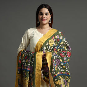 Buy Srikalahasti Pen Work Kalamkari Chanderi Silk Handpainted Zari Border Dupatta with Tassels 61 Online l iTokri.com