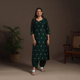 Green - straight buti work spun dupion silk plain kurta set