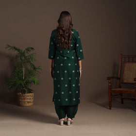Green - straight buti work spun dupion silk plain kurta set