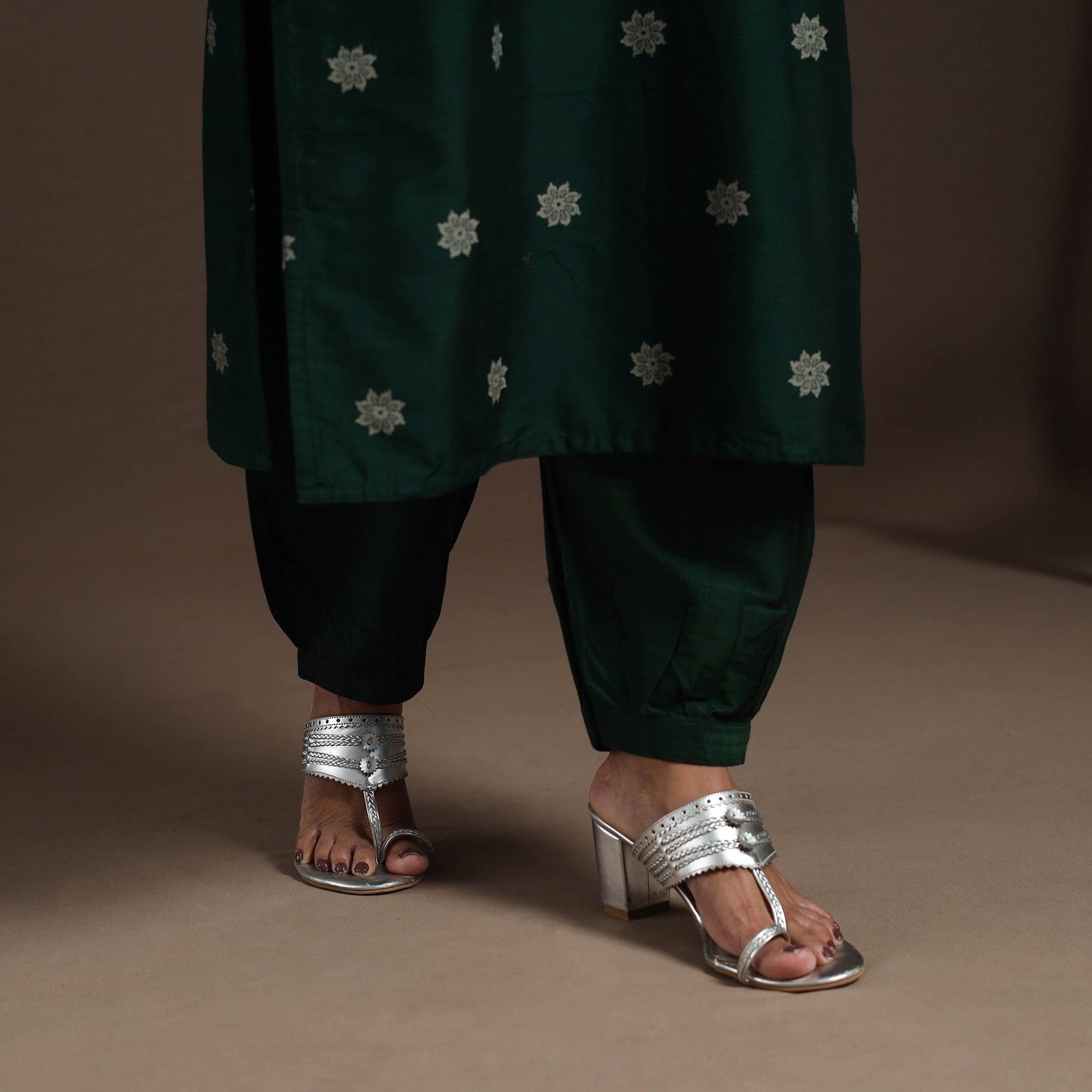 Green - straight buti work spun dupion silk plain kurta set
