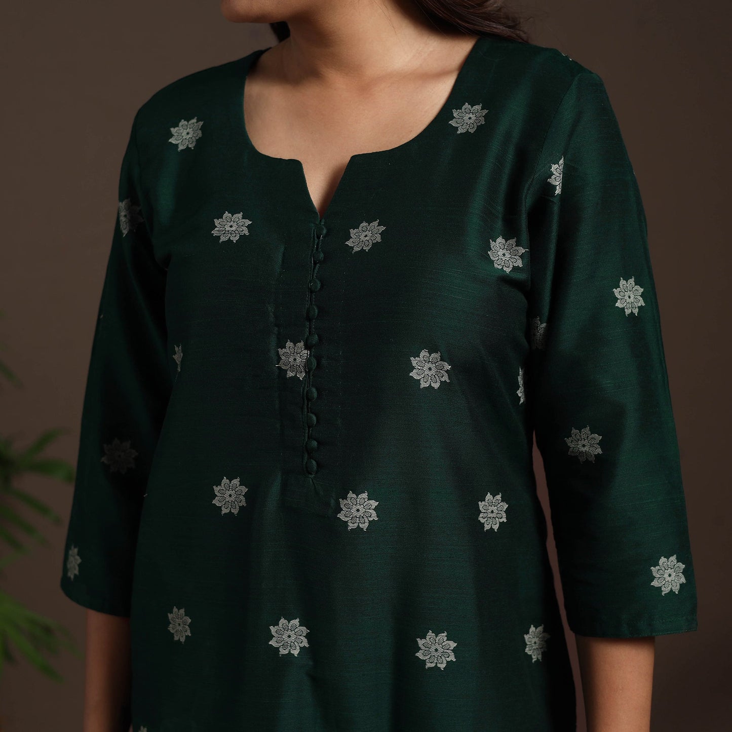 Green - straight buti work spun dupion silk plain kurta set