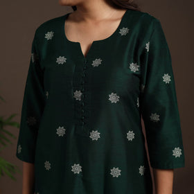 Green - straight buti work spun dupion silk plain kurta set