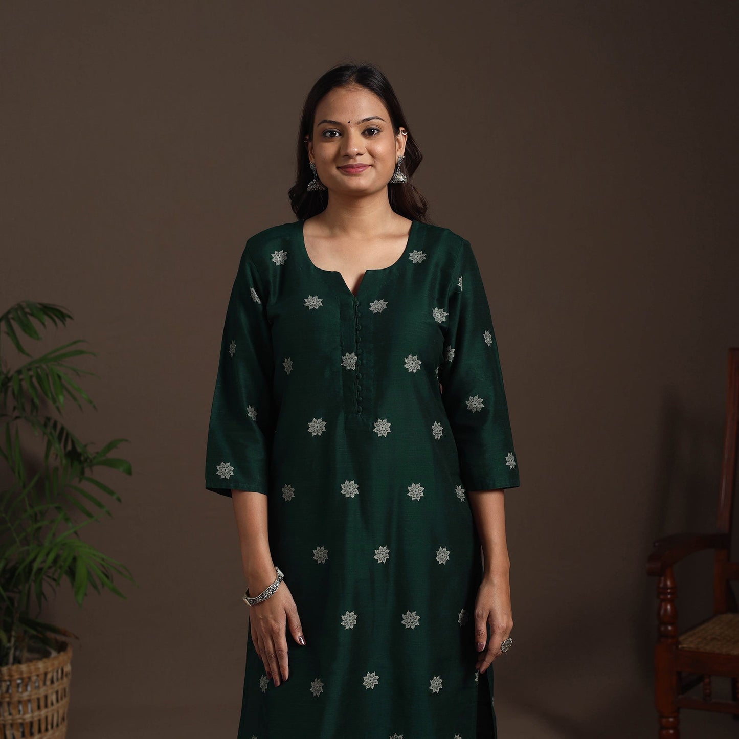 Green - straight buti work spun dupion silk plain kurta set