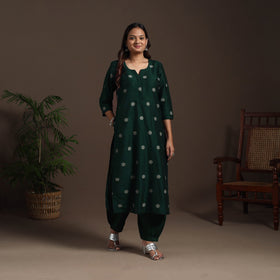 Green - straight buti work spun dupion silk plain kurta set