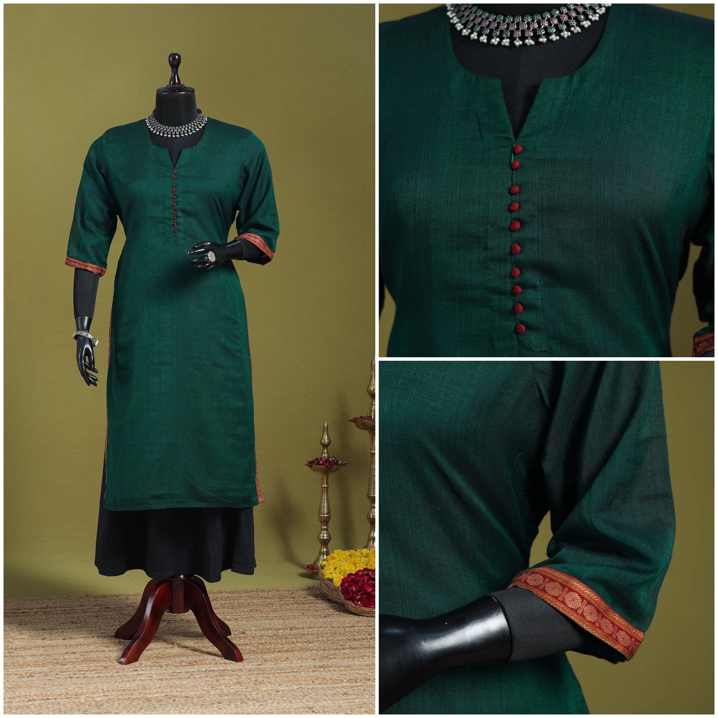 Green - straight cotton dharwad kurta 02 - handcrafted