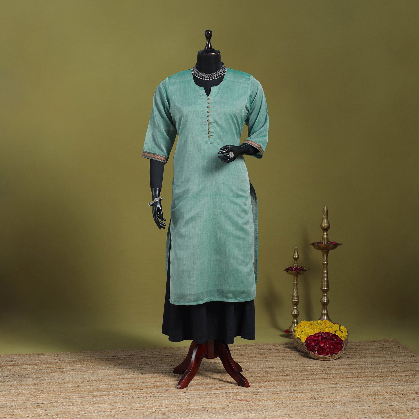 Green - straight cotton dharwad kurta 05 - handcrafted