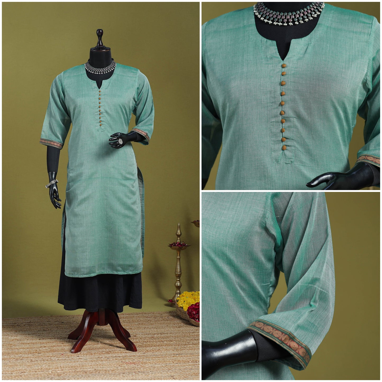 Green - straight cotton dharwad kurta 05 - handcrafted