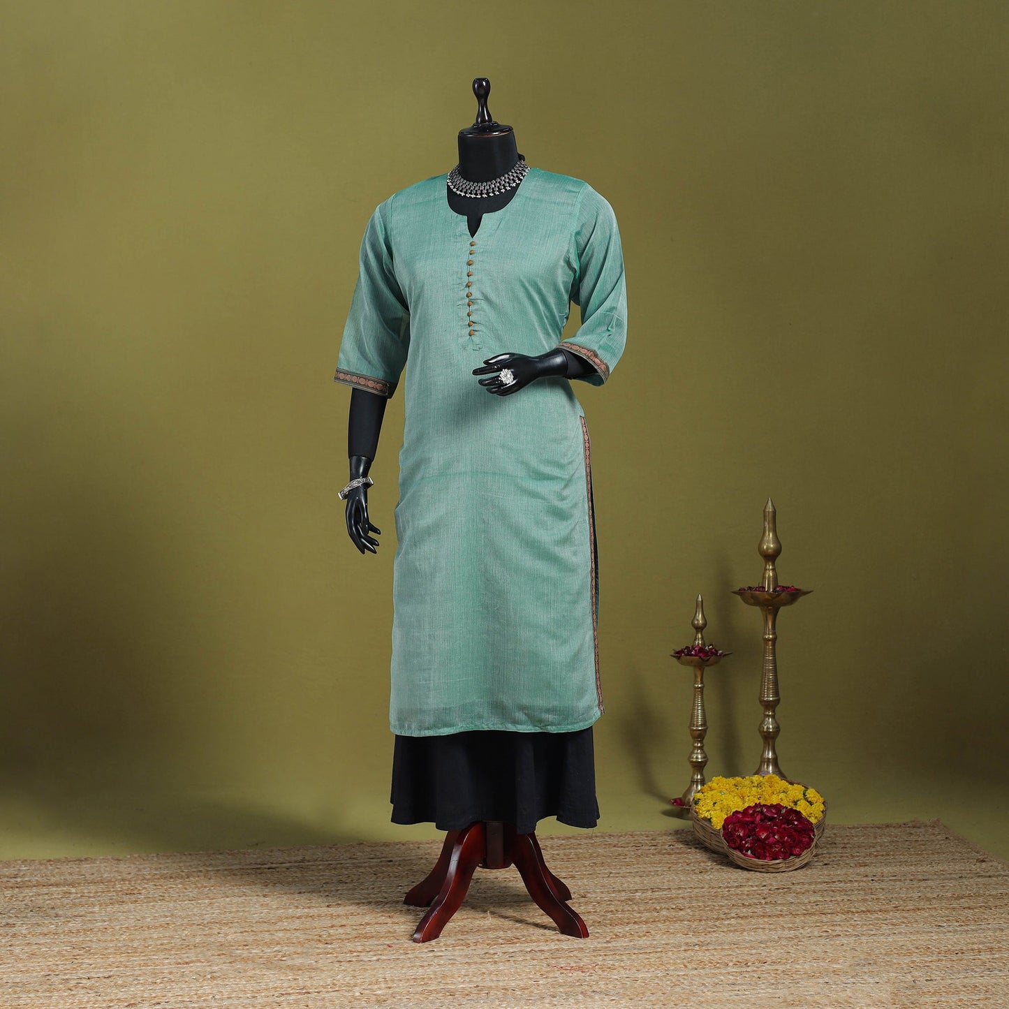Green - straight cotton dharwad kurta 05 - handcrafted