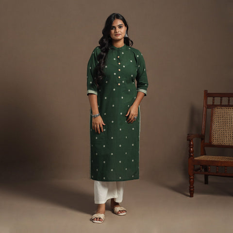 Green Straight Cotton Jacquard Kurta