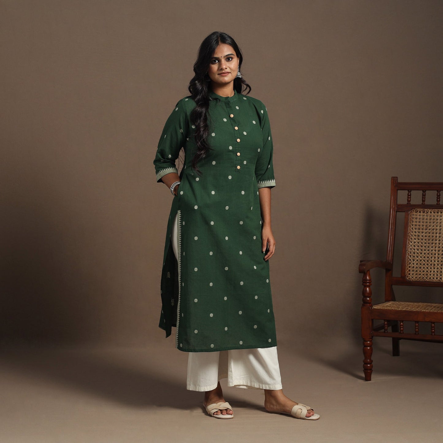 Green Straight Cotton Jacquard Kurta