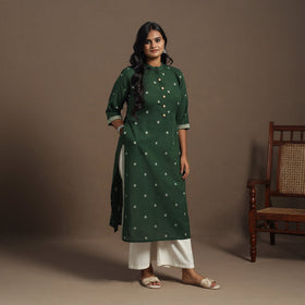 Green Straight Cotton Jacquard Kurta