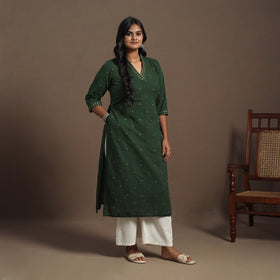 Green Straight Cotton Jacquard Kurta