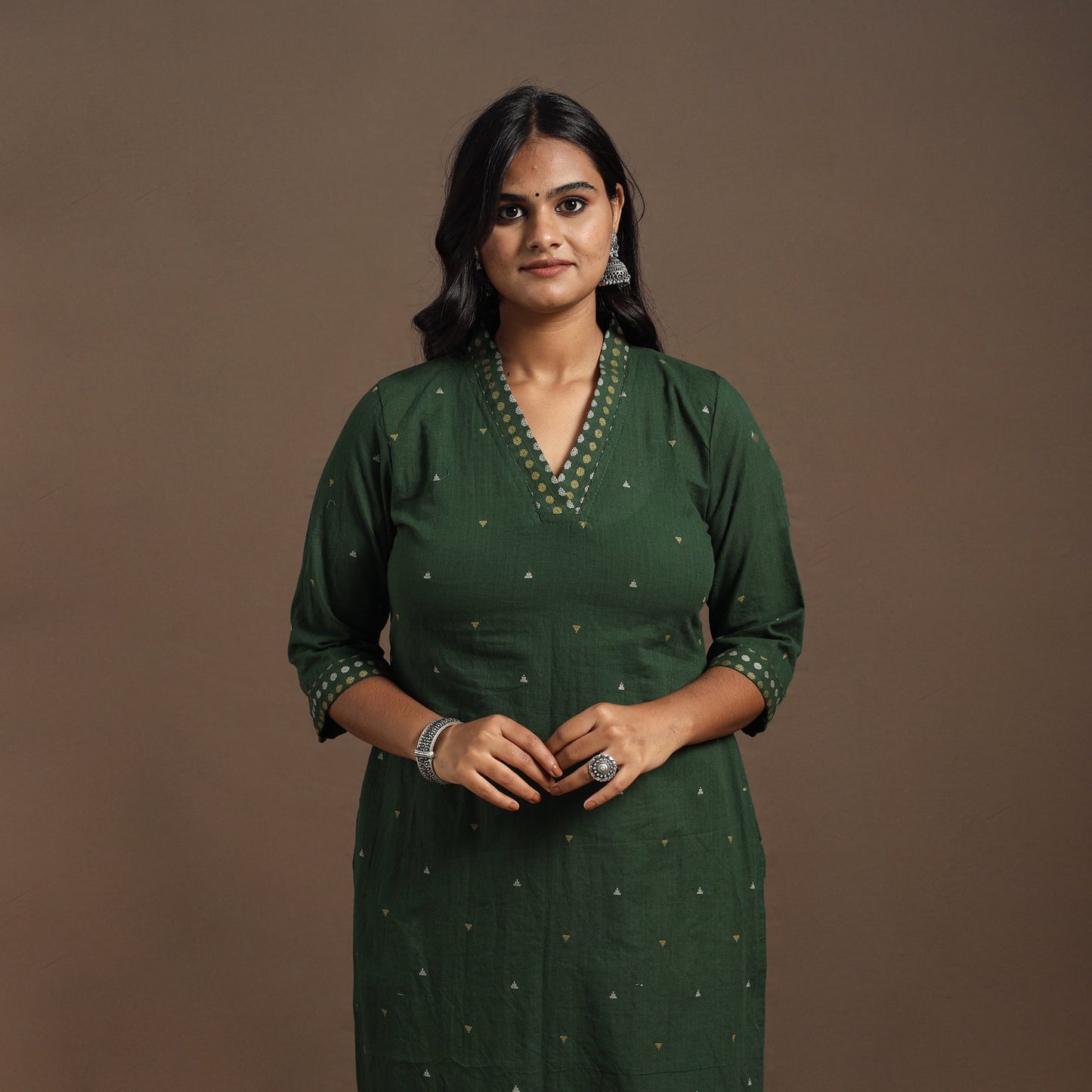 Green Straight Cotton Jacquard Kurta