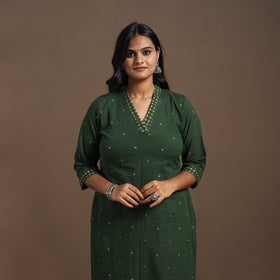 Green Straight Cotton Jacquard Kurta