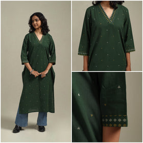 Green - straight cotton jacquard kurta 11 - handcrafted
