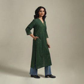 Green - straight cotton jacquard kurta 11 - handcrafted