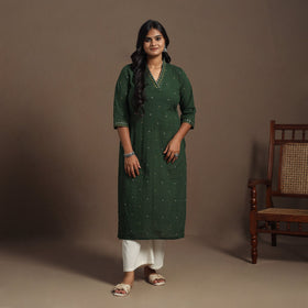Green Straight Cotton Jacquard Kurta