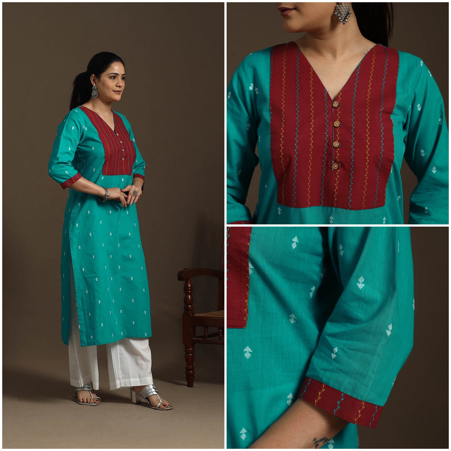 Straight cotton patchwork jacquard kurta for women 13