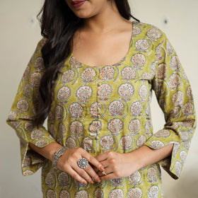  Green Straight Cotton Block Print Sanganeri Kurta