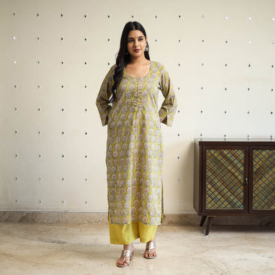 Green Straight Cotton Block Print Sanganeri Kurta