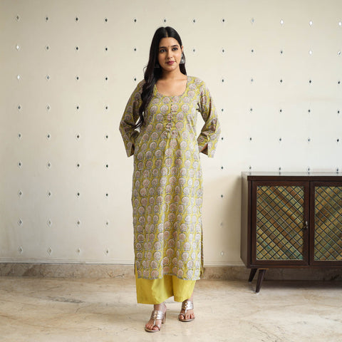  Green Straight Cotton Block Print Sanganeri Kurta