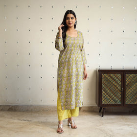  Green Straight Cotton Block Print Sanganeri Kurta