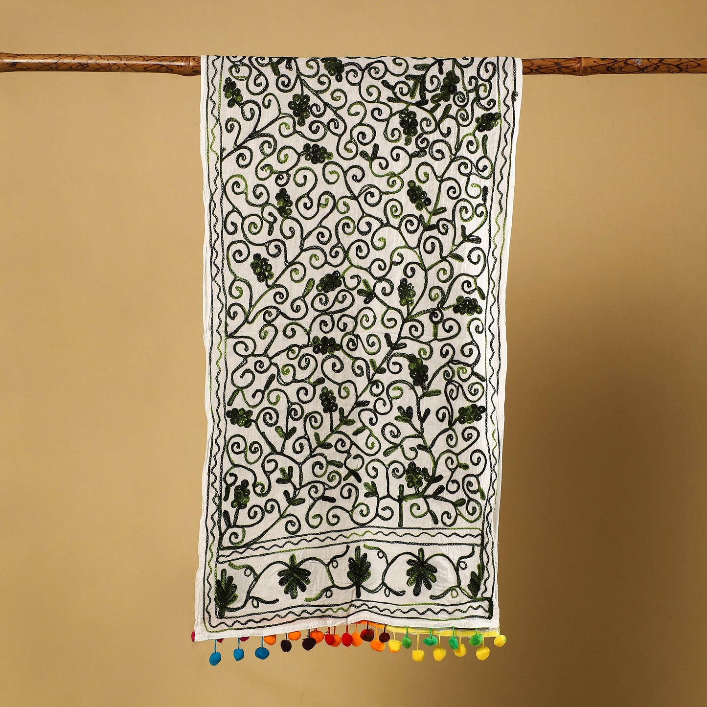  Suzani Embroidery Mul Cotton Stole with Pom Pom