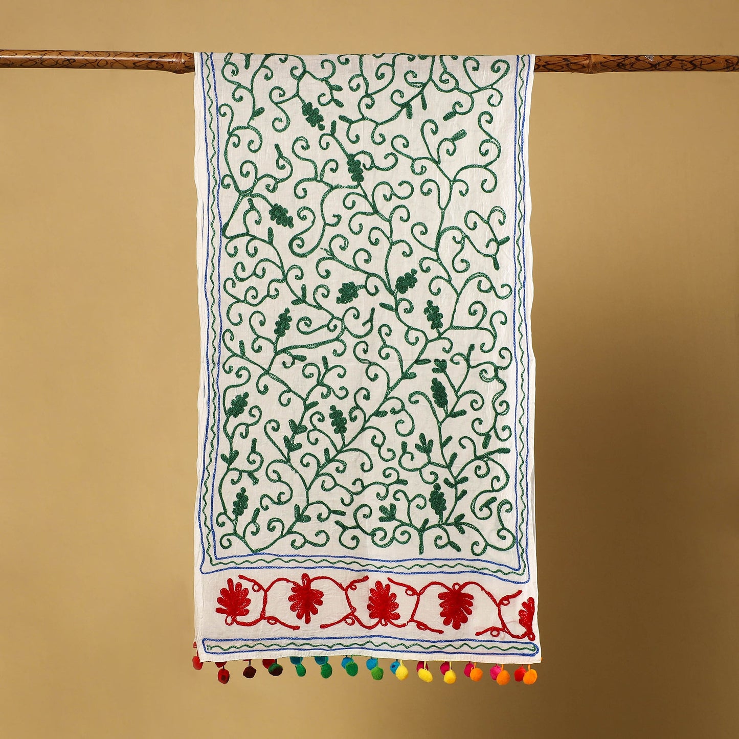 Green Suzani Embroidery Mul Cotton Stole with Pom Pom