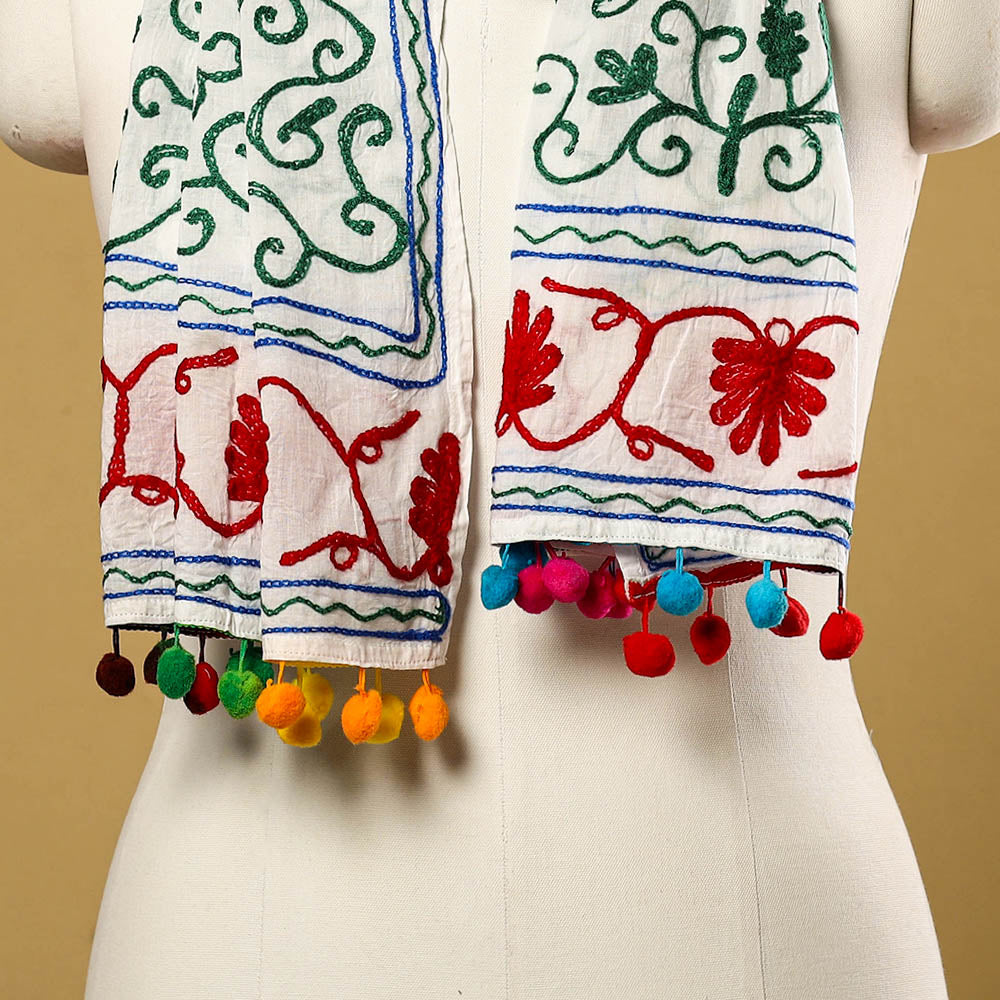 Green Suzani Embroidery Mul Cotton Stole with Pom Pom