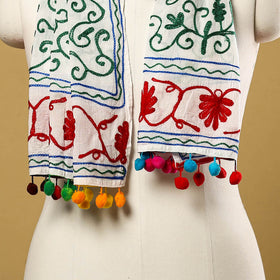 Green Suzani Embroidery Mul Cotton Stole with Pom Pom