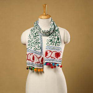Green Suzani Embroidery Mul Cotton Stole with Pom Pom