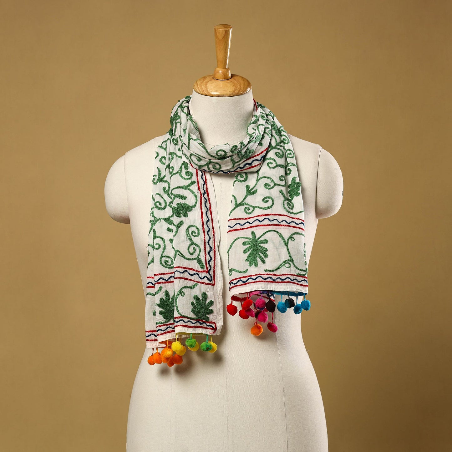 Green - suzani embroidery mul cotton stole with pom 11