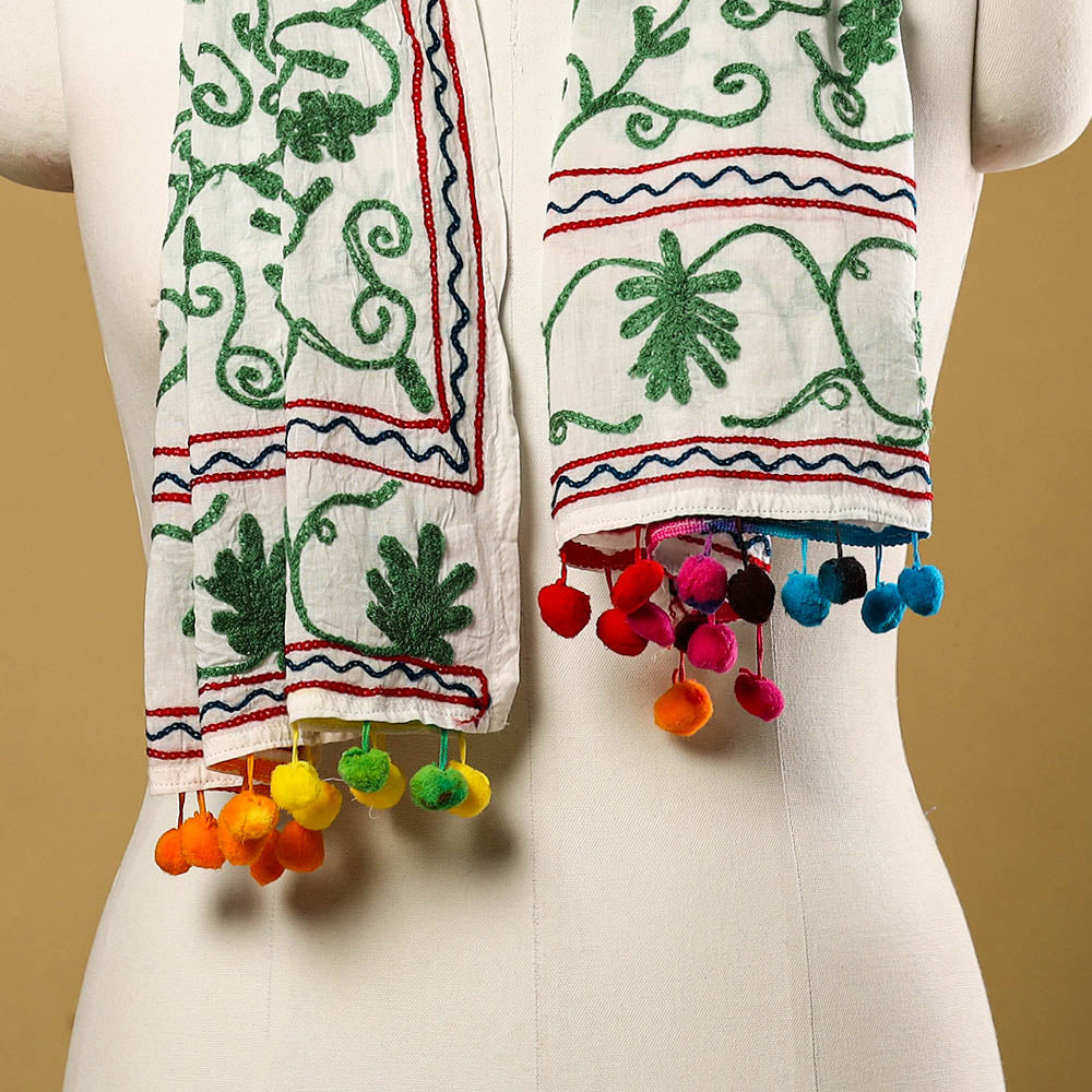 Green - suzani embroidery mul cotton stole with pom 11