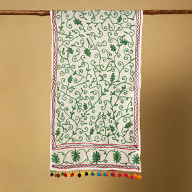Green - suzani embroidery mul cotton stole with pom 11