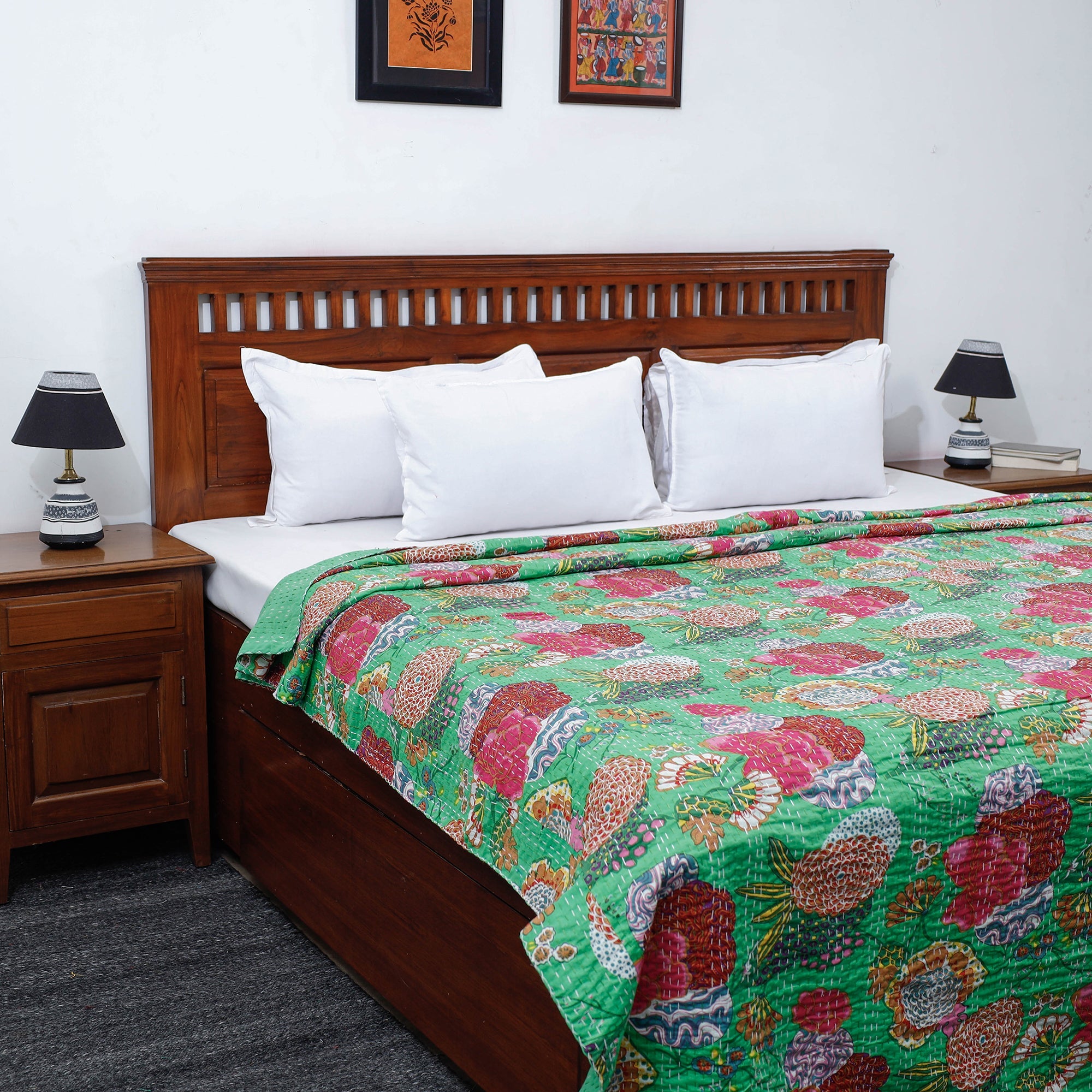  Tagai Work Jaipur Hand Block Printed Cotton Double Bed Cover 