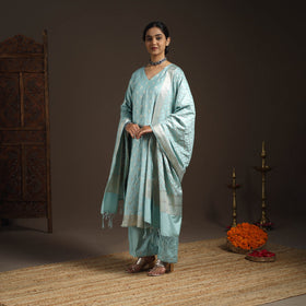 Green - tanchoi silk cotton banarasi kurta set for women