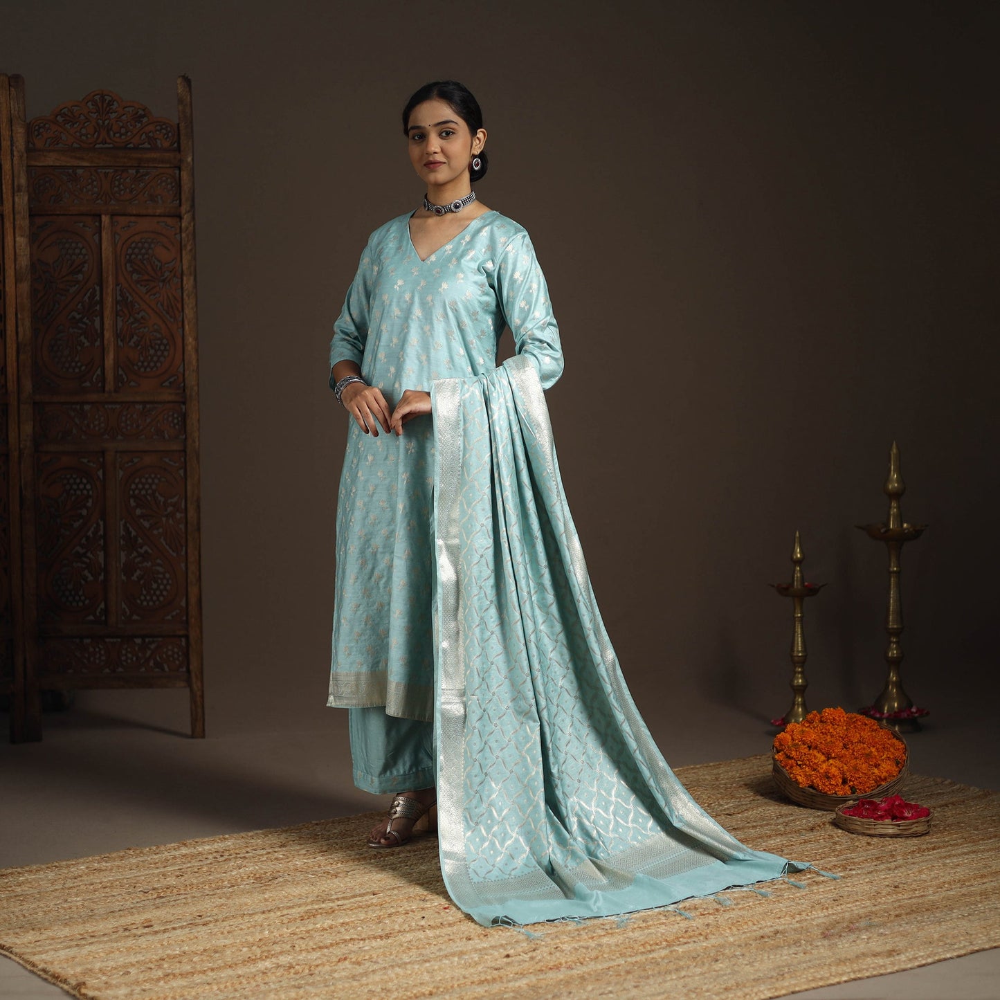 Green - tanchoi silk cotton banarasi kurta set for women