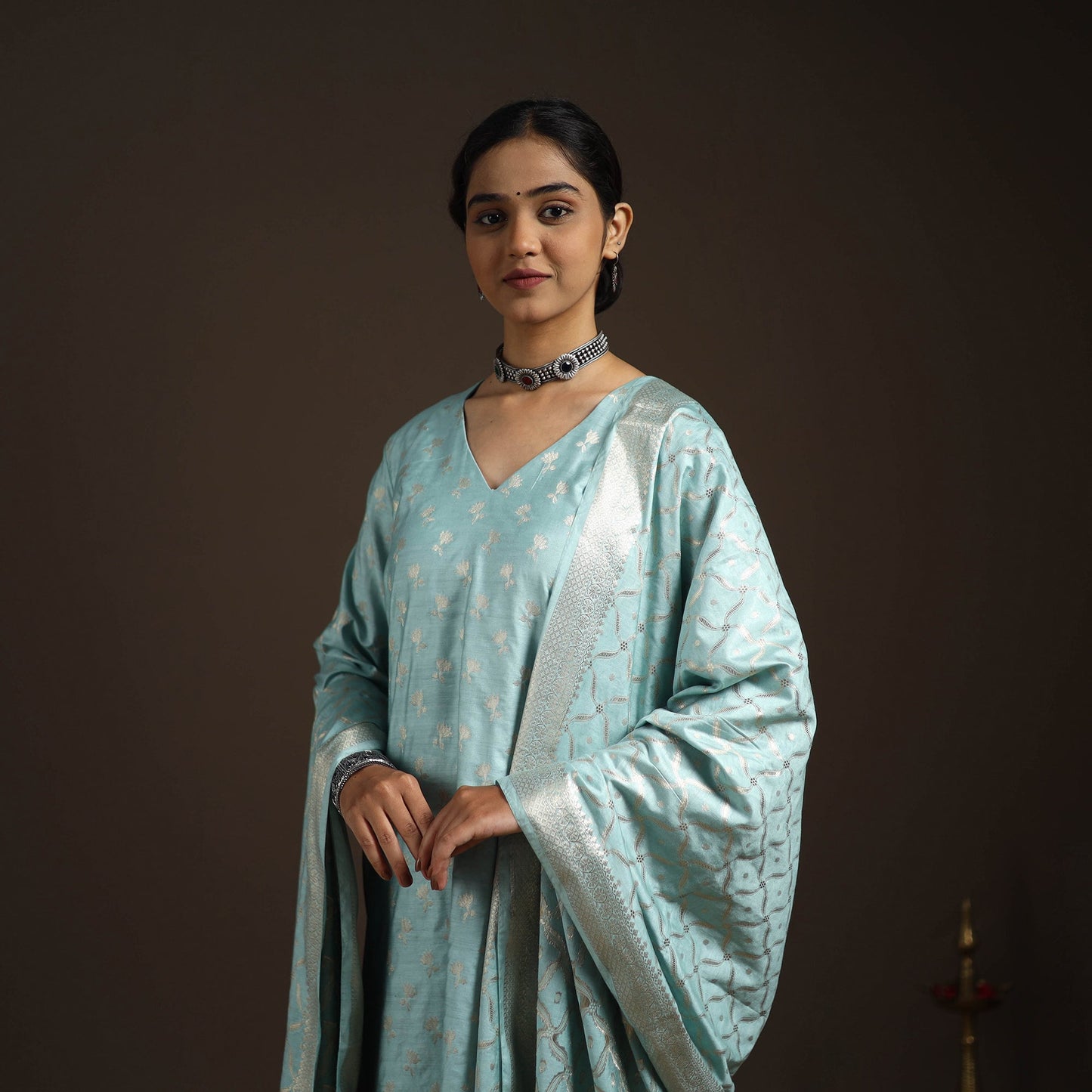 Green - tanchoi silk cotton banarasi kurta set for women