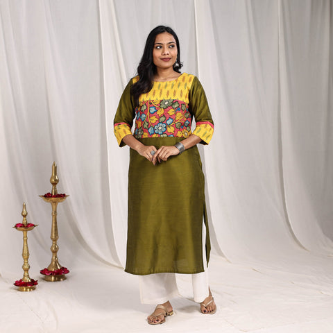 Green Tanvi Slub Silk Straight Plain Kurta with Patchwork